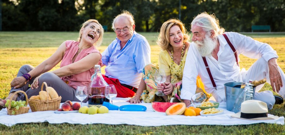Eine Gruppe Seniorinnen und Senioren picknicken auf einer Wiese und lachen gemeinsam.